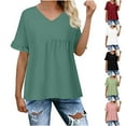 thumbnail image 7 of Lovskoo Summer Tops for Women 2024 V Neck Short Sleeve Solid Color Casual Pleated Ruffle Sleeve Loose Top Shirt Green, 7 of 7