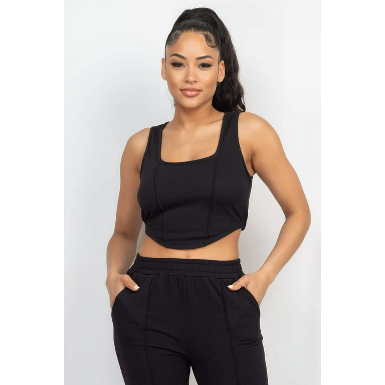 LA7 Women's Two Piece Outfit Soft Square Corset Tank Top & Jogger Pants  Sport Yoga Running Set, Small Size With Black Color. 