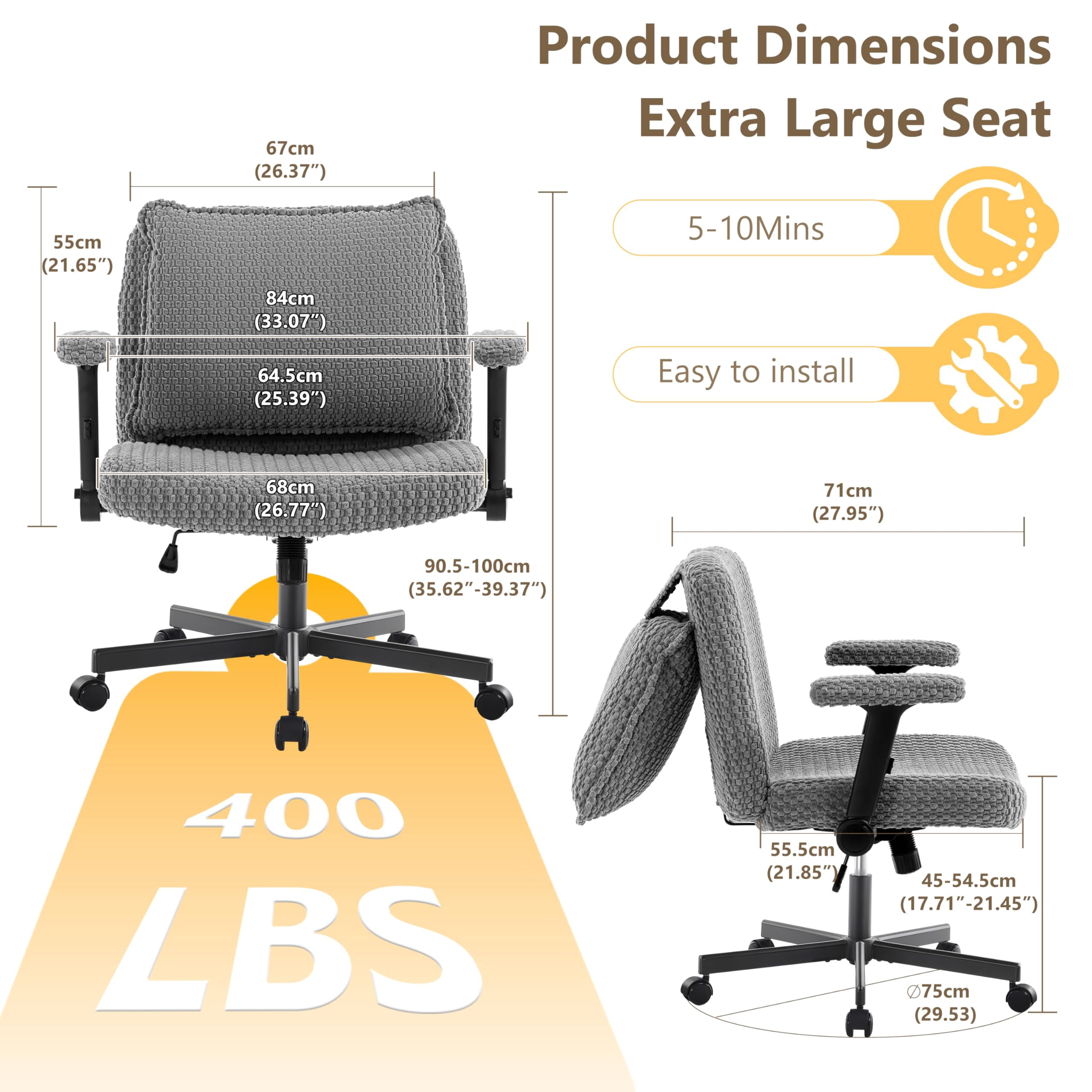 Nexthro Criss Cross Chair,Cross Legged Chair with Wheels and Arms,27" Wide Seat Office Desk Chair with Flipable Back Cushion,Mid Back Beige Swivel Chair for Home Office,Bedroom Vanity(Gray)