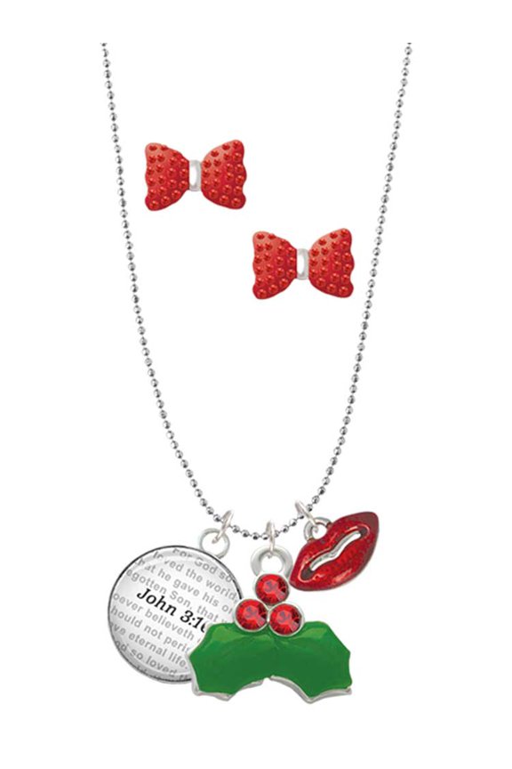 Silvertone Domed John 3:16 Christmas Kiss Charm Necklace and Stud Earrings