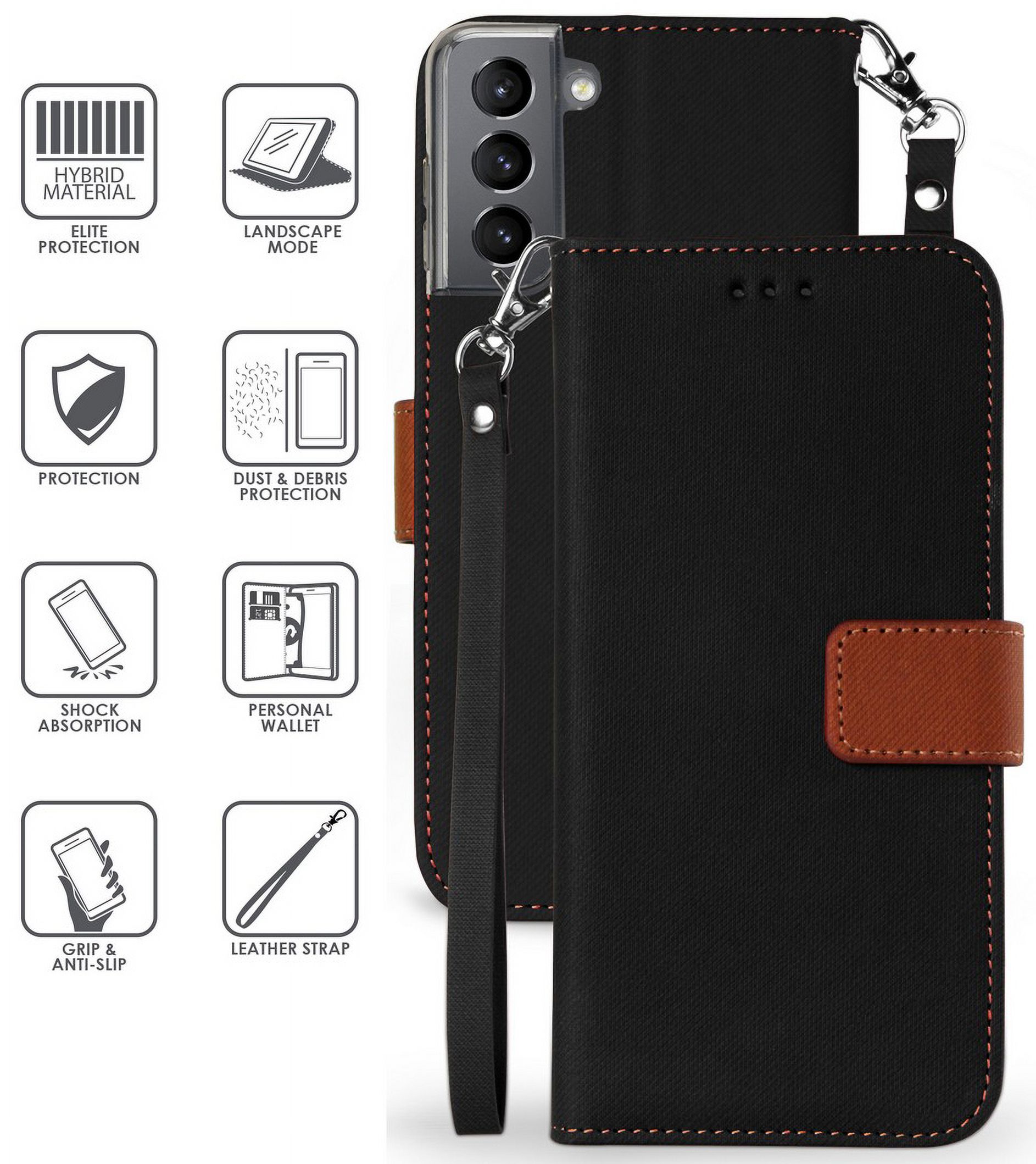 Wallet Phone Case for Galaxy S21 5G, [Black/Brown] Folio Credit Card Slot ID Cover, View Stand [with Magnetic Closure, Wrist Strap Lanyard] for Samsung Galaxy S21 5G (SM-G991) - image 4 of 8