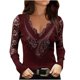 thumbnail image 1 of Mujeres Sexy Rhinestone V-Cuello Encaje Empalme Malla Manga larga Jersey Top Blusa Camiseta Pompotops gfhjh22851, 1 of 5