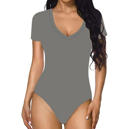 Summer Skinny Solid Color V-Neck Short Sleeve Polyester Rompers Women Casual Tight Bodysuit