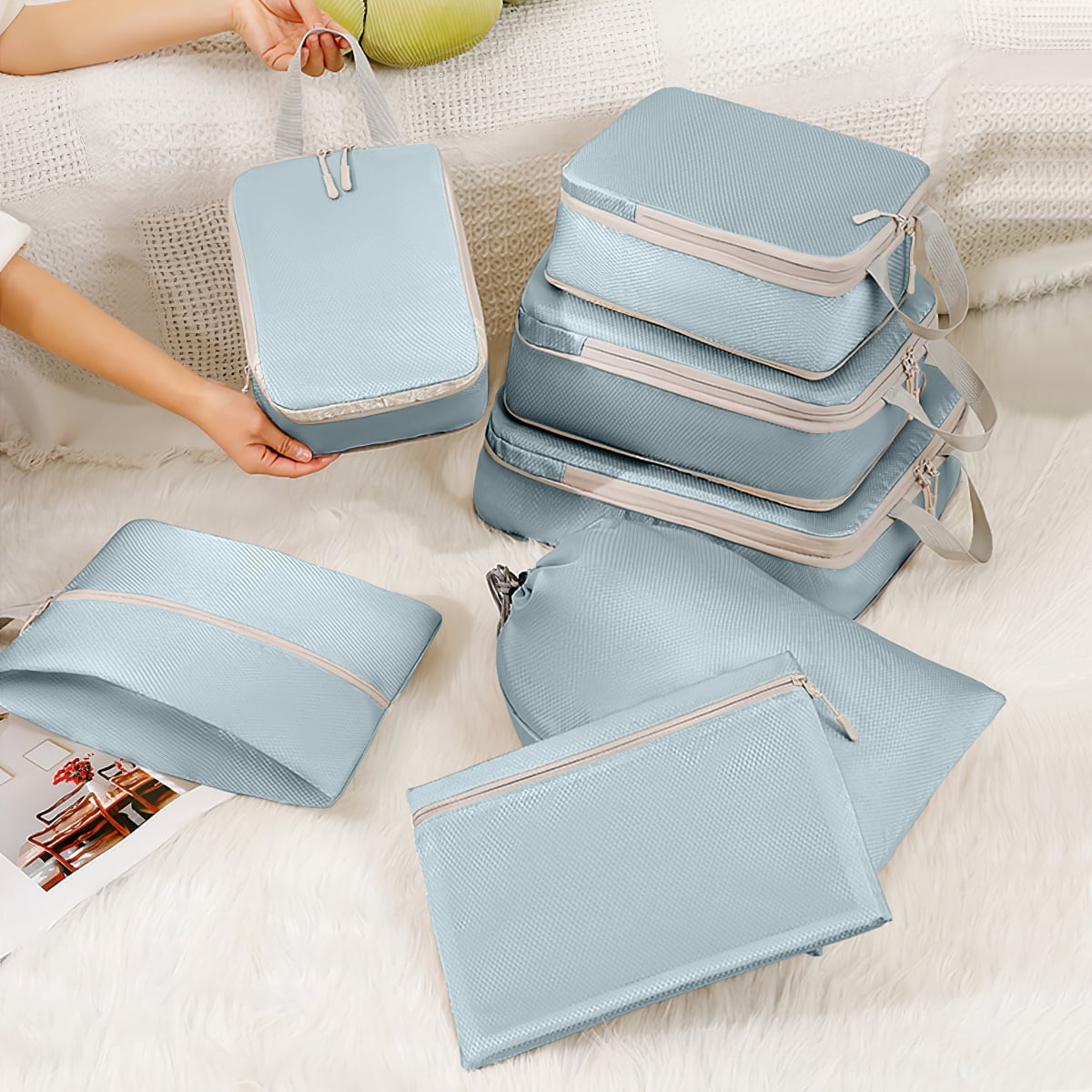 Compression Packing Cubes for Suitcase, 12 PCS Travel Luggage Packing Organizers Waterproof Travel Essentials Bag Clothes Shoes Cosmetics Toiletries Storage Bags for Travel, Blue