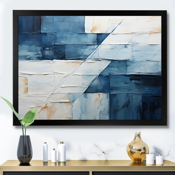 Designart "Geometric Shapes in Nautical White and Blue VI" Abstract Framed Wall Art Decor - Modern Blue Abstract Geometric Living Room Framed Canvas Art