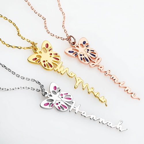 Personalized Planet Women's Birth Month Enamel Butterfly Vertical Name Necklace