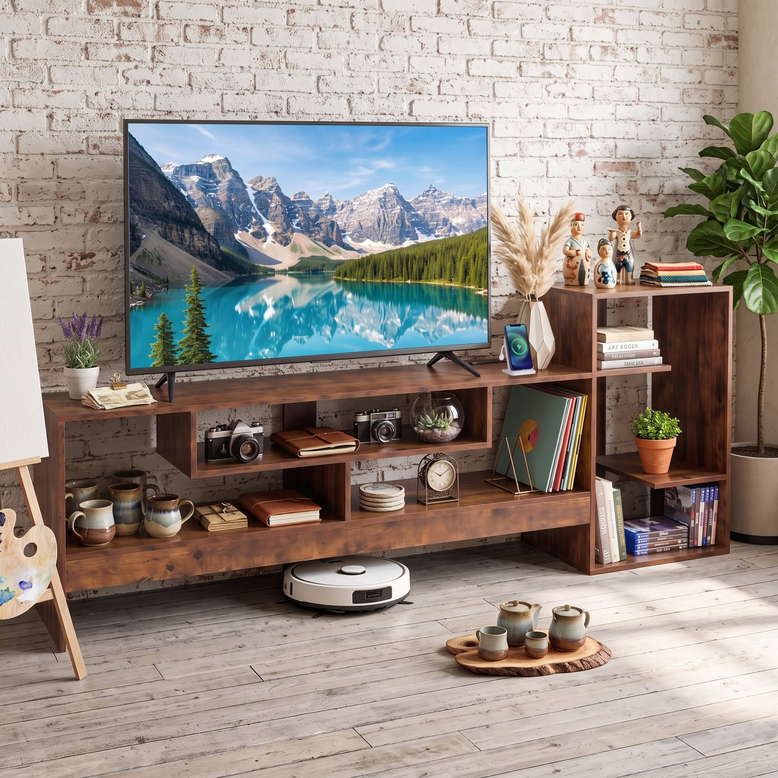 Furnibear Cube TV Stand for 55 Inch TV with Power Outlets, USB and Type-C Ports, Open Cube Storage Shelves, Entertainment Center Media Console for Living, Rustic Brown