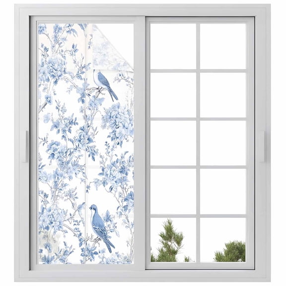 Blue White Flowers Window Privacy Film, Spring Summer Floral Botanical Static Cling UV Sun Blocking Heat Control Window Tint Day and Night, Non-Adhesive One Way Windows Privacy Cover 29.5''x78.7''
