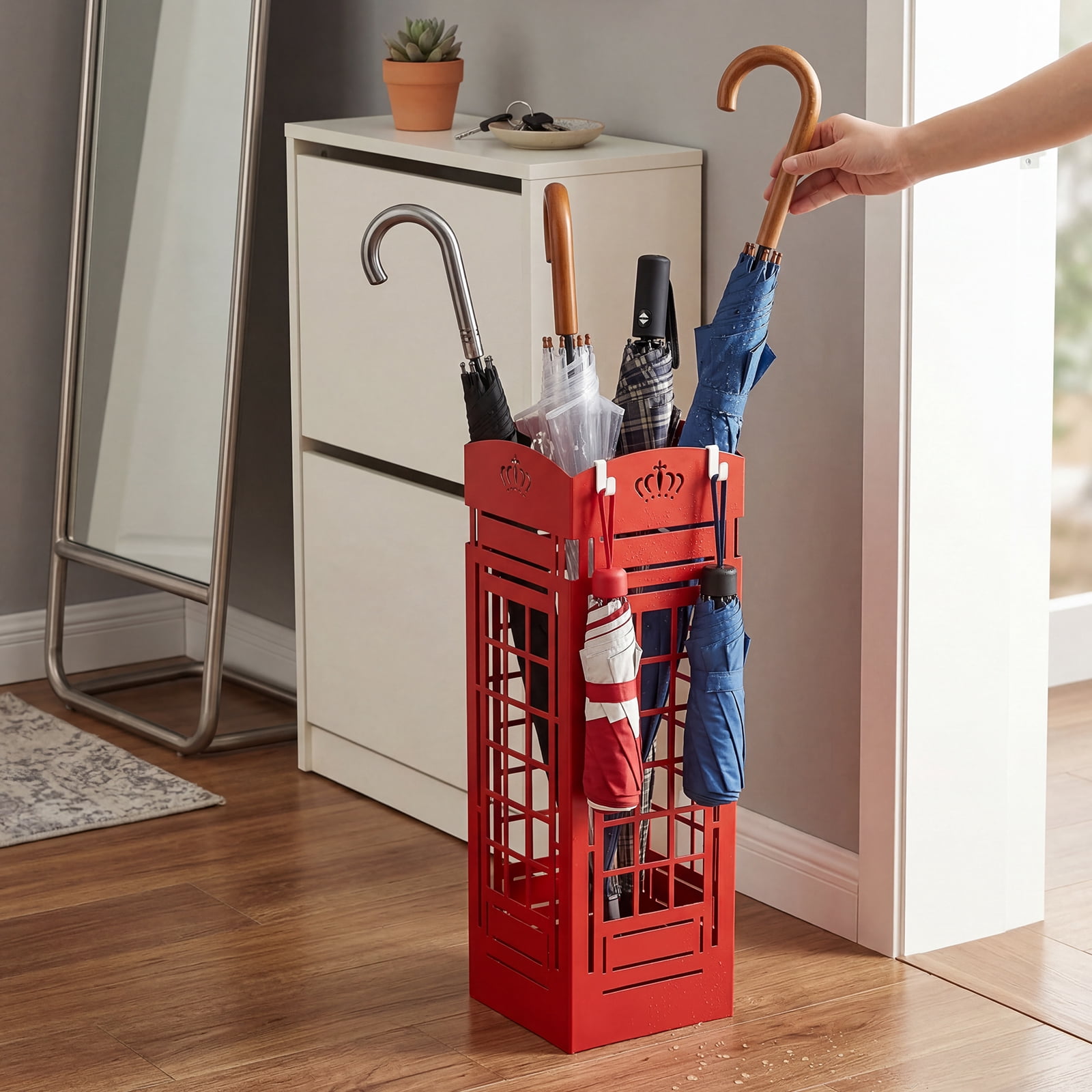 19.5" Tall Umbrella Stand, Metal Freestanding Umbrella Holder for Canes and Entryway Organization, Rustproof Cutout Design, Red