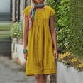 thumbnail image 2 of LLYwey Linen Dresses for Women 2025 Plus Size Cap Sleeve Summer Dresses Casual Loose Solid Color Round Neck Short Sleeve Knee Length Beach Vacation Sundress, Sun-50, Yellow, M, 2 of 8
