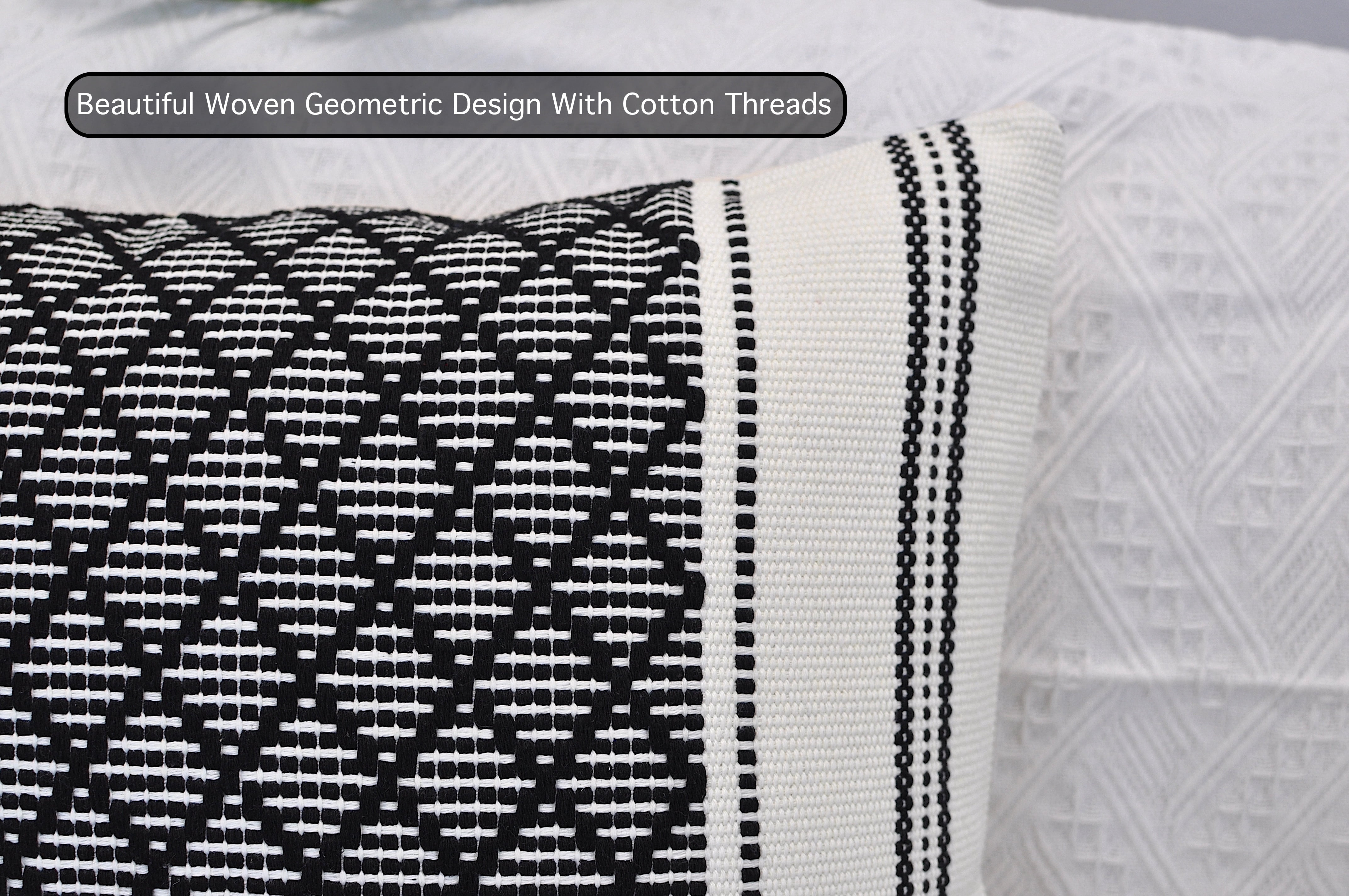 Cotton Woven Designer Throw Pillow Covers, Black and White, 18 x 18 inches | Square Cushion Covers with Geometric Design Set of 2