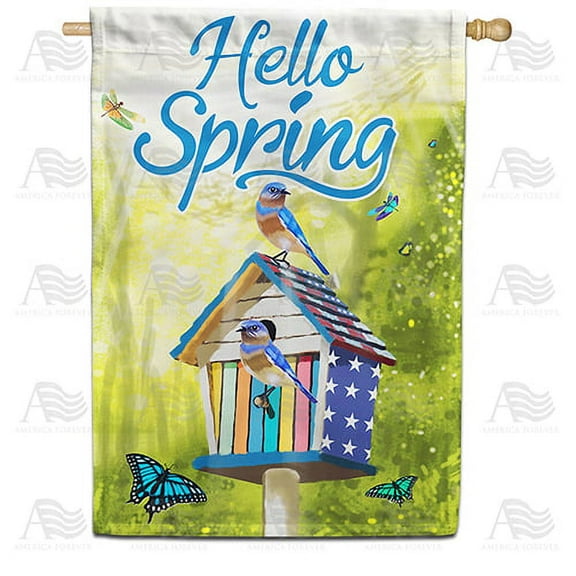 America Forever Spring Birdhouse House Flag 28 x 40 inches Double Sided Hello Spring, Patriotic, Birds, Butterflies - Seasonal Yard Lawn Outdoor Decorative Bluebird House Flag
