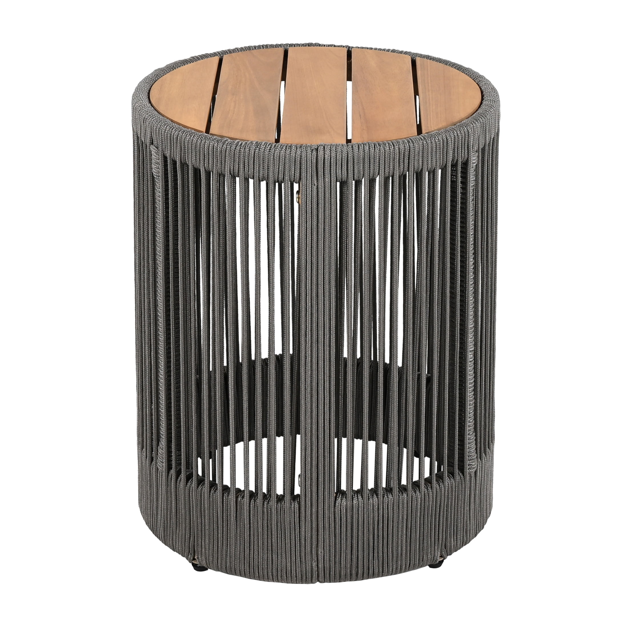Christopher Knight Home 15" Round Side Table, Acacia Wood Top with Rope & Iron Base, Grey