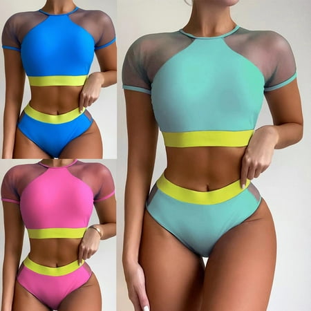 Travelwant Women High Waisted Bikini Set Sports Color Block Swimsuit High Neck Cheeky Bathing Suit
