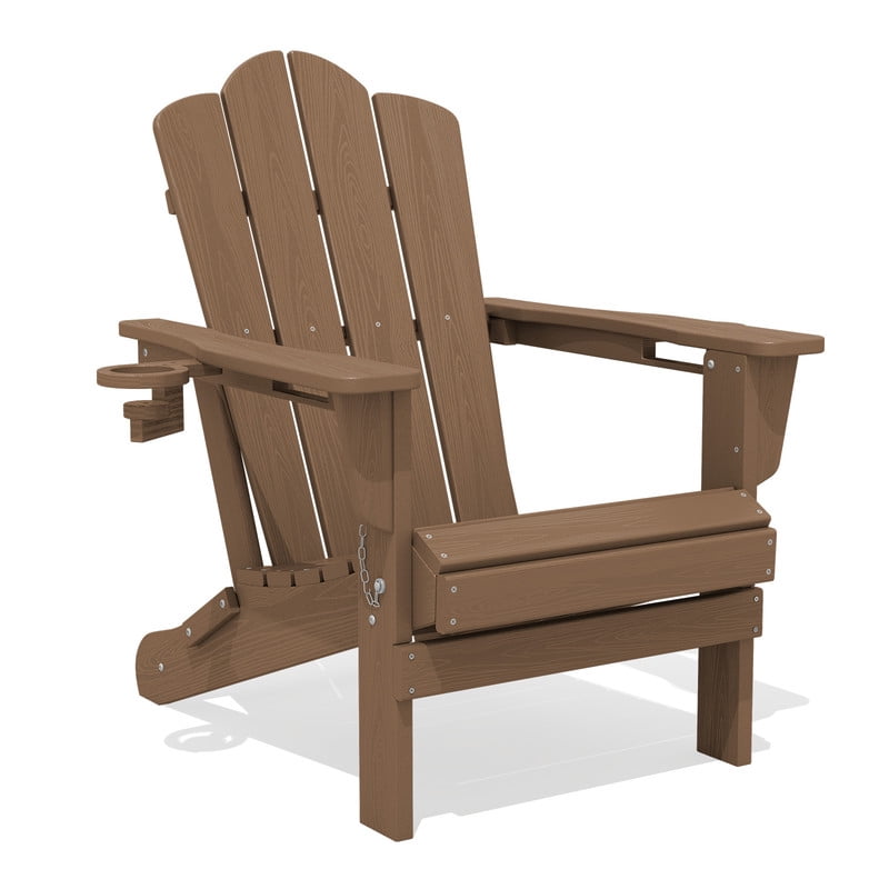 LOYALICE Folding Adirondack Chair with Dual Cup Holders, All-Weather HDPE Outdoor Patio Chair for Backyard, Poolside, Garden, Fire Pit, Brown