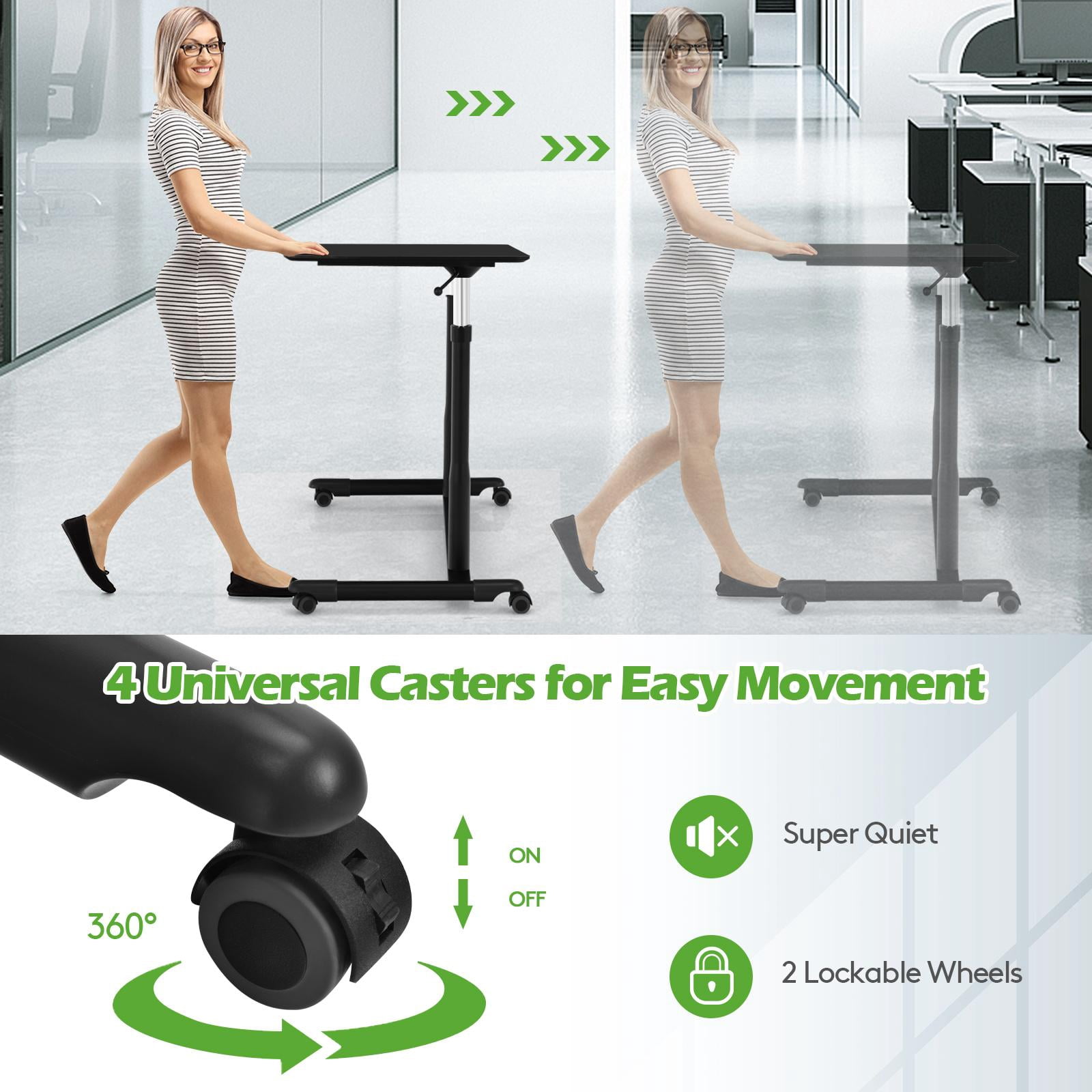 Giantex Mobile Height Adjustable Standing Desk, Compact Pneumatic Sit to Stand Computer Desk w/ Lockable Casters, Ergonomic Rolling Laptop Table for Home Office, Black