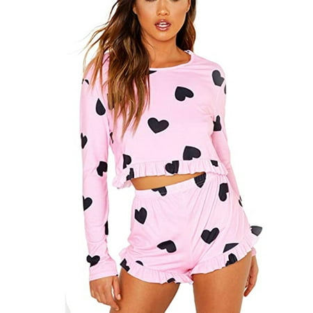 

luethbiezx SDD Women 2 Piece Pajamas Sets Love Print Shirt Top Ruffle Shorts Pant Sleepwear Suit