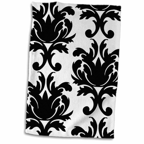 3dRose Large Elegant Black And White Damask Pattern Design Towel, 15