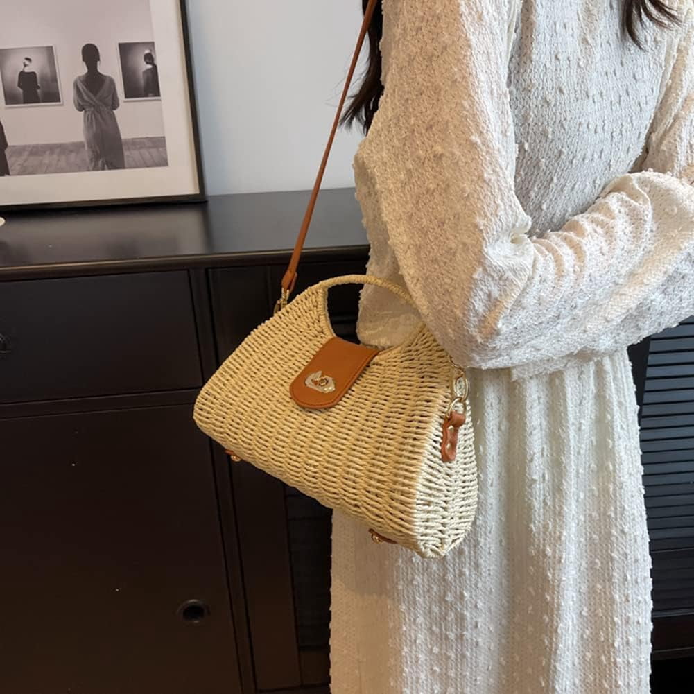 CHUNTIAN Straw Crossbody Bag for Women Woven Beach Tote Purse Mini Straw Shoulder Handbag Rattan Top-Handle Bag for Vacation