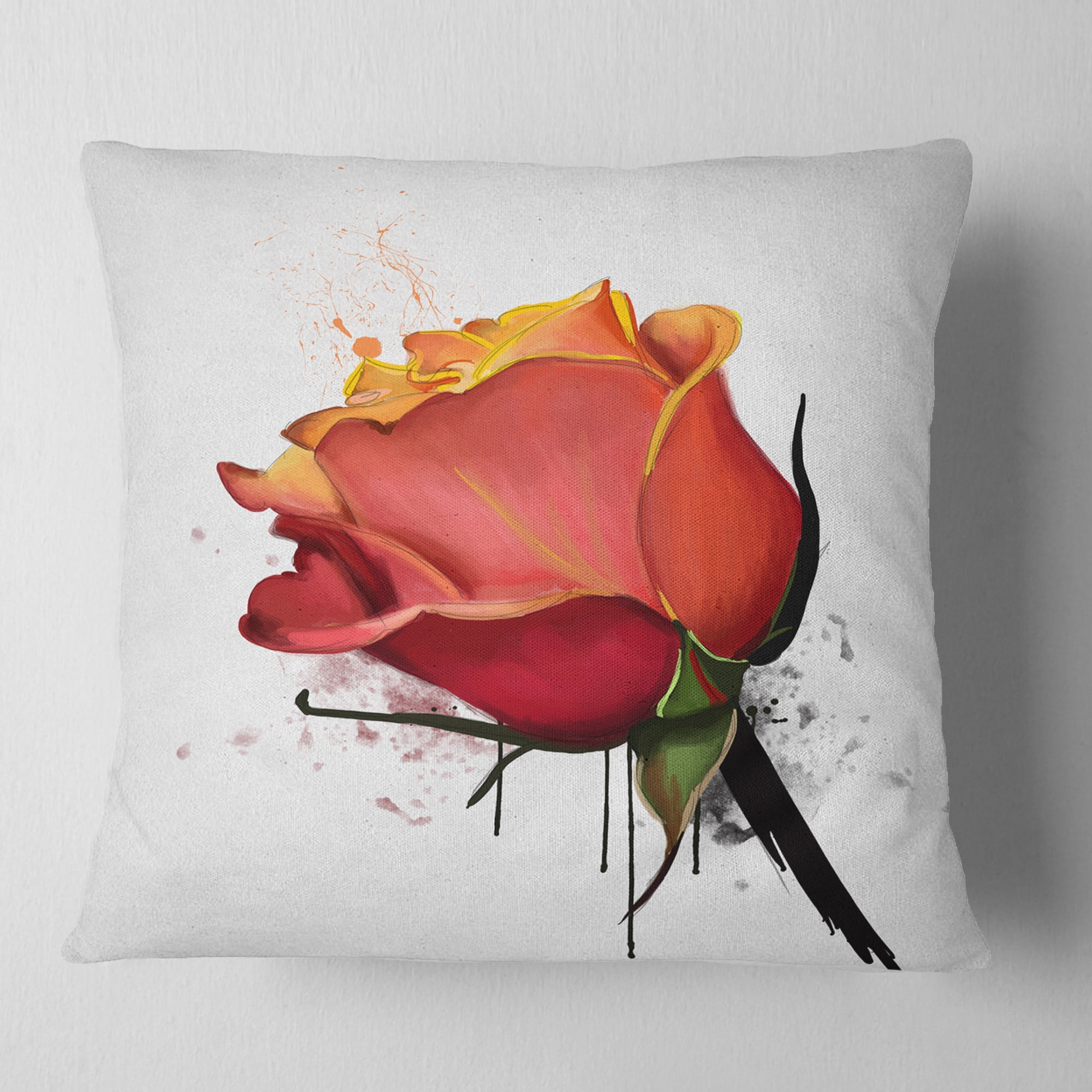 Designart Isolated Red Rose Watercolor Sketch - Floral Throw Pillow - 16x16