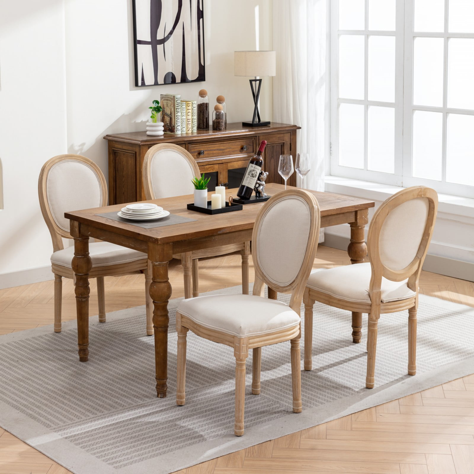 MAYEERTY French Style Dining Chair - Solid Wood Frame, Antique Painting, Linen Back, Beige, Set of 2