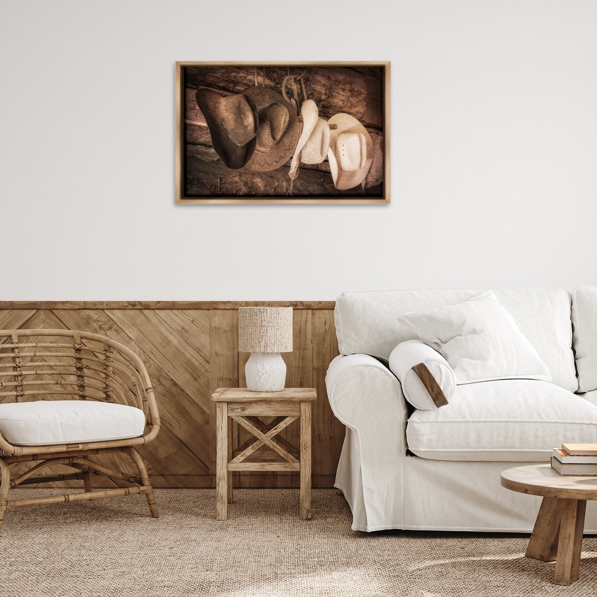 Stupell Industries Rustic Cowboy Hats Entertainment Painting Brown Floater Framed Canvas Art Print Wall Art, 31 x 21
