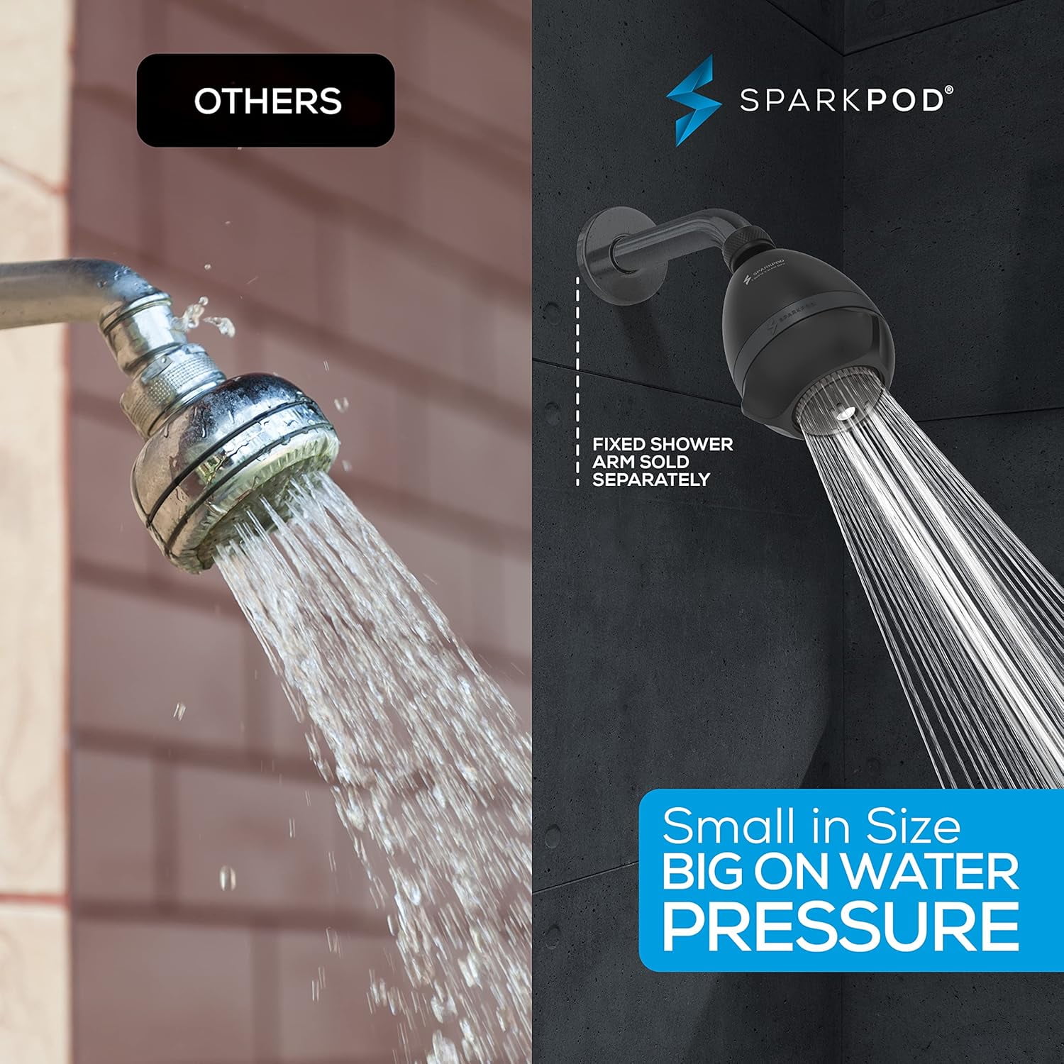 SparkPod High Pressure Shower Head - Rain, Massage & Pulsating Modes, Water-Saving, Wall Mount (Black Matte)