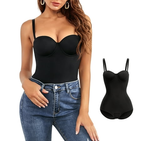 

Molutan Bodycorn Shapewear for Women Tummy Control Dress Backless Bodysuit Tops Body Shaper with Built-in Bra(Black M）