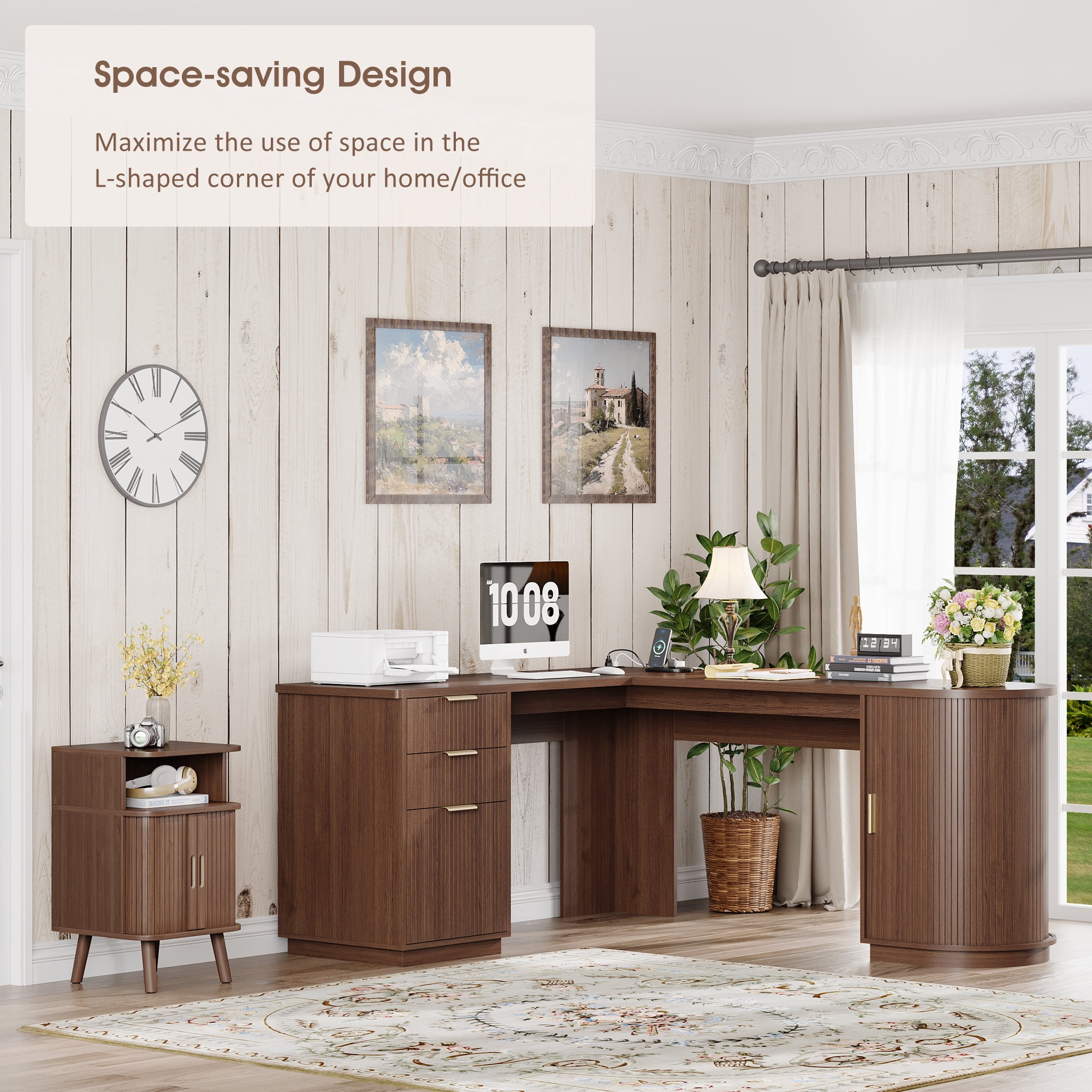 67 Inch Fluted L Shaped Desk, Mid Century Modern Corner Desk with Drawers and  Charging Station, Home Office Executive Wooden Computer Desk with Storage Cabinet & File Drawer, Walnut