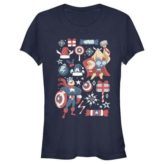 Junior's Marvel Christmas Festive Hero Icons Graphic Tee Navy Blue Small