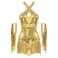 thumbnail image 1 of Jelory Robe de Danse de Salon à Franges Jazz Lyrique pour Femmes Justaucorps à Sequins avec Gants Costume de Concert Or S, 1 of 7