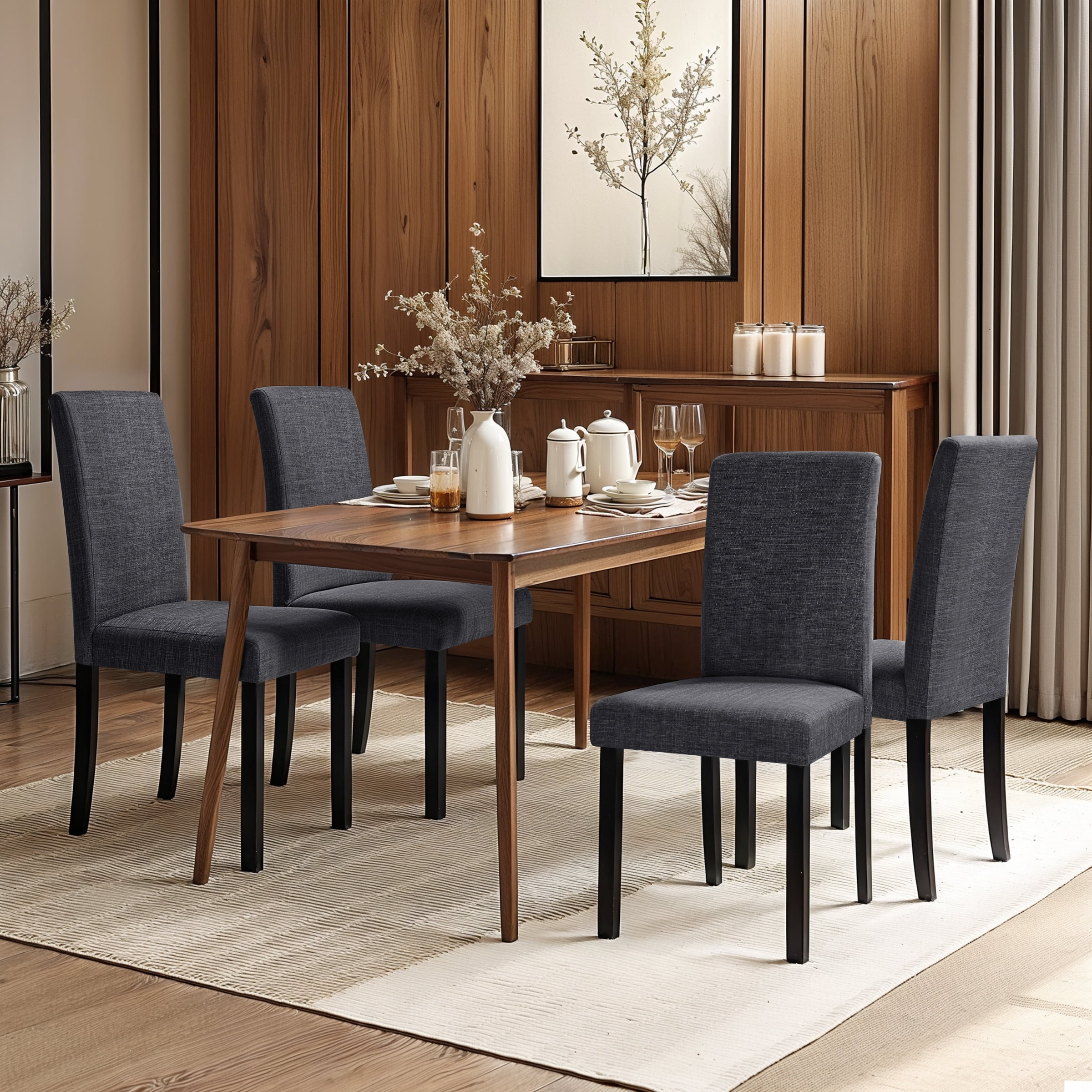 Linen Dining Chairs Set of 4, Upholstered Fabric Chairs with Solid Wood Legs for Kitchen Dining Room, Dark Gray