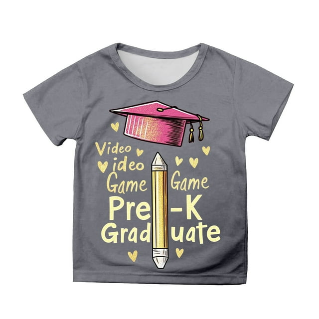 Big Girls Short Sleeve T Shirt With Cute Cartoon Print Crewneck Top Graduation Photo Tee For Kids Size 8-9T