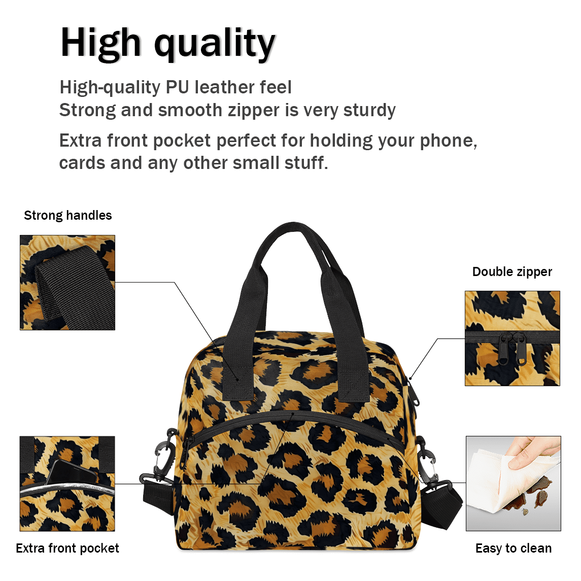 Herdesigns Leopard Print Insulated Lunch Bag for Women Men Adults Large Reusable Lunch Box Wild Animal Cheetah Skin Pattern Leakproof Cooler Tote Bags with Adjustable Shoulder Strap