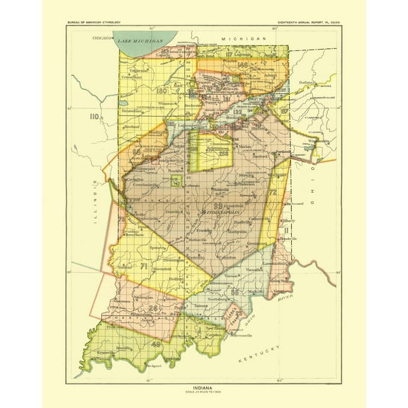 Historic State Map - Indiana - Hoen 1896 - 23 x 28.95 - Vintage Wall Art