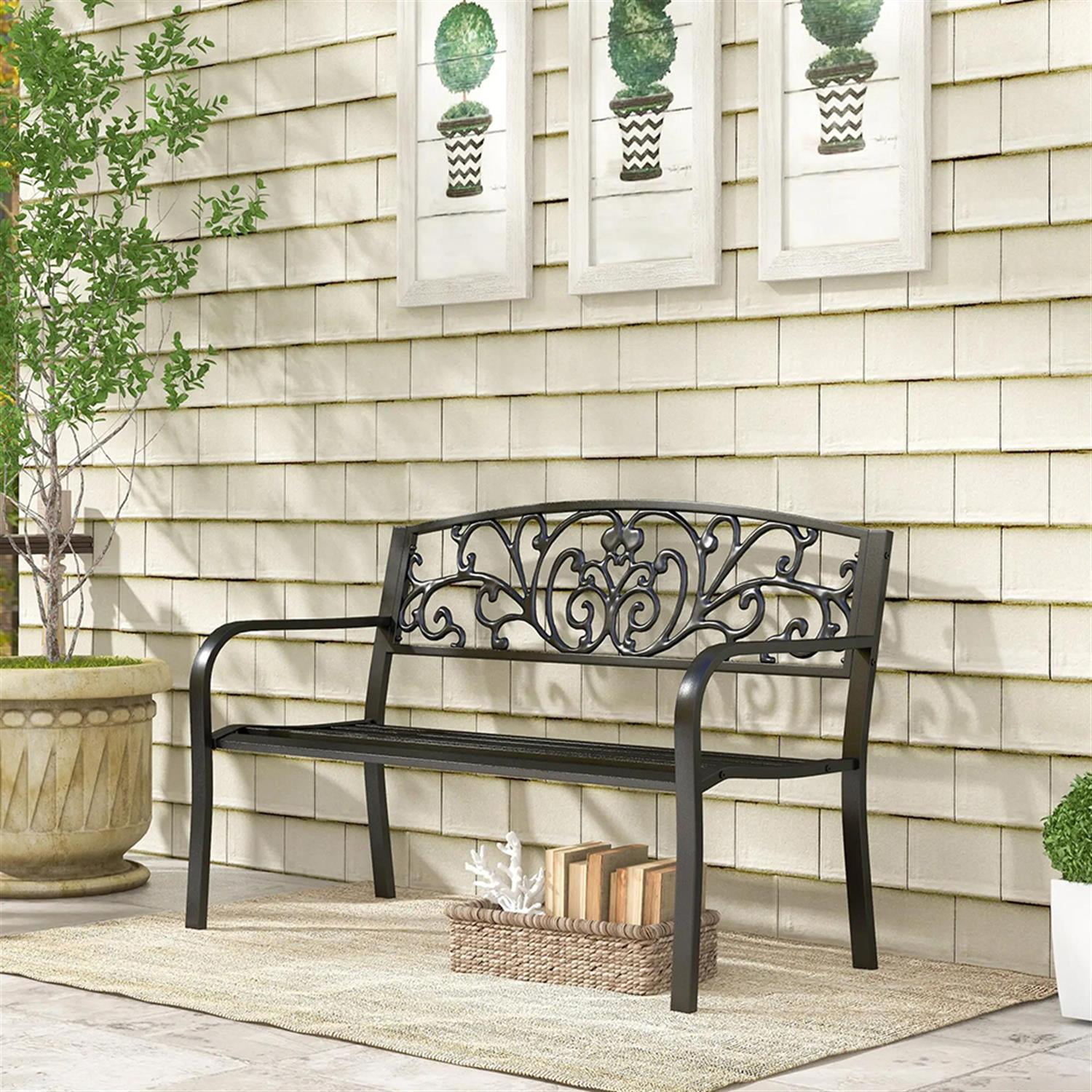 Demi Bonn Patio Garden Bench Metal Park Bench, Outdoor Benches Furniture with Floral Pattern Backrest & Slatted Seat for Patio, Park, Lawn, Yard, Black
