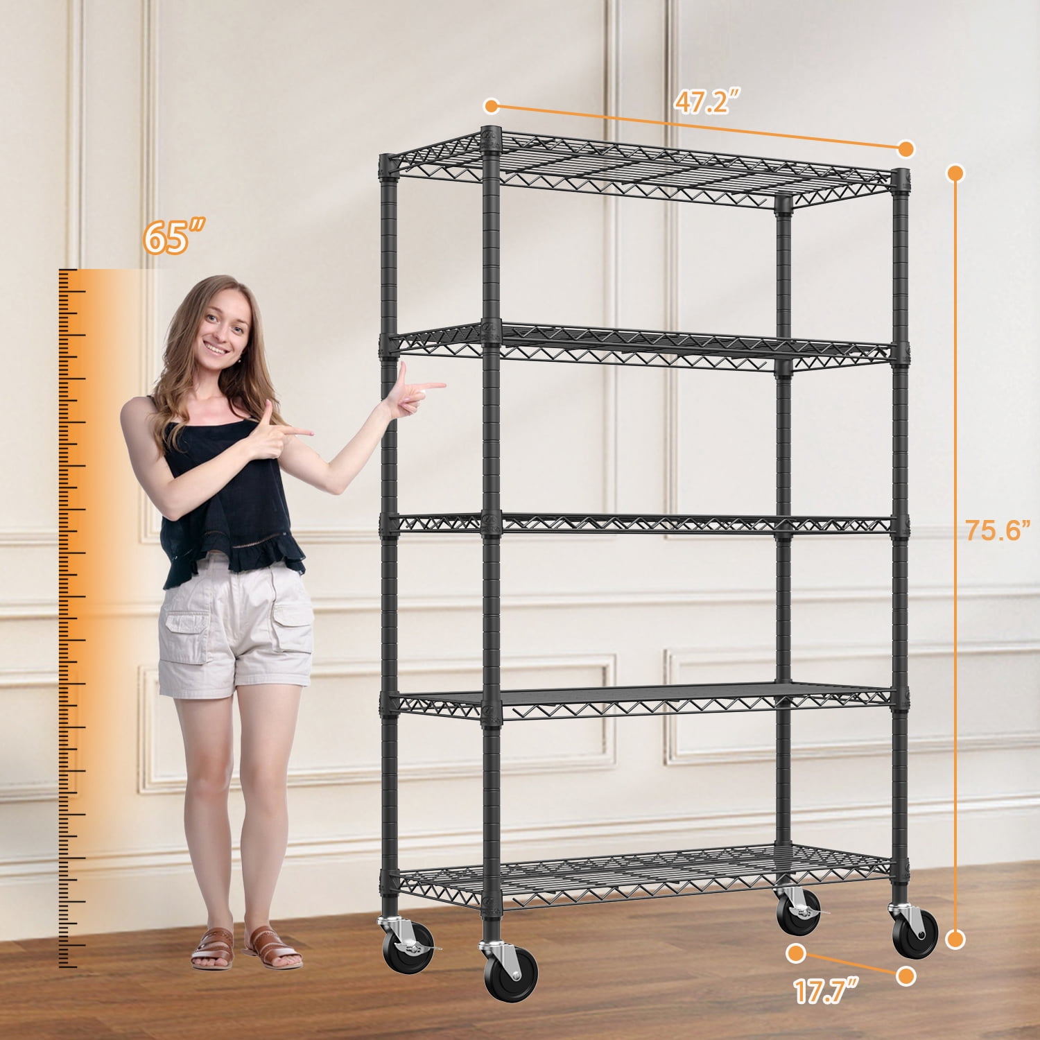 5-Shelf Storage Shelves, Wire Shelving Heavy Duty Metal Storage Shelving Unit Adjustable Garage Shelving Rack Pantry Kitchen (Black, 5 Tier, 17.7" D x 47.2" W x 75.6" H)