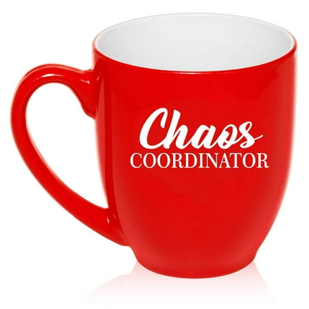 16 oz Large Bistro Mug Ceramic Coffee Tea Glass Cup Chaos Coordinator Mom Mother Teacher (Red)
