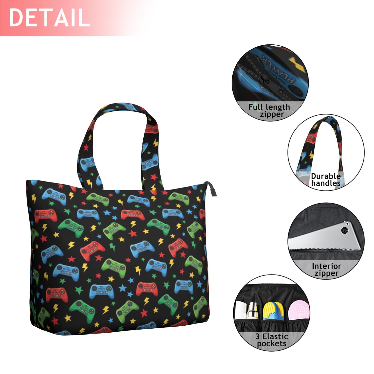 Colorful Controllers Games Icons Black Pattern Travel Tote Bags for Women Carry On,Large Weekender Bags for Women Travel,Multi Functional Duffle Bag for Work,Shopping,Sports