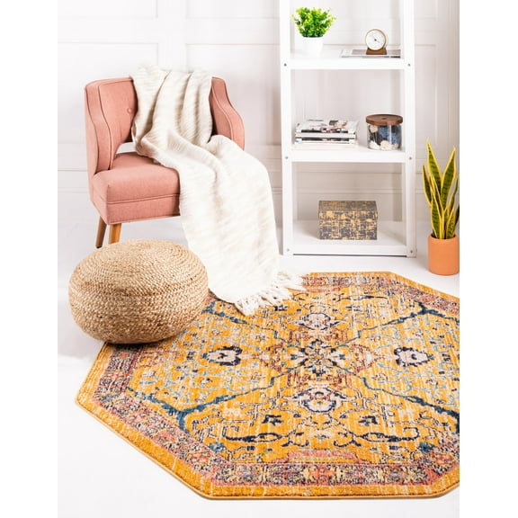 Rugs.com Lola Collection Rug – 8 Ft Octagon Yellow Medium Rug Perfect For Living Rooms, Kitchens, Entryways