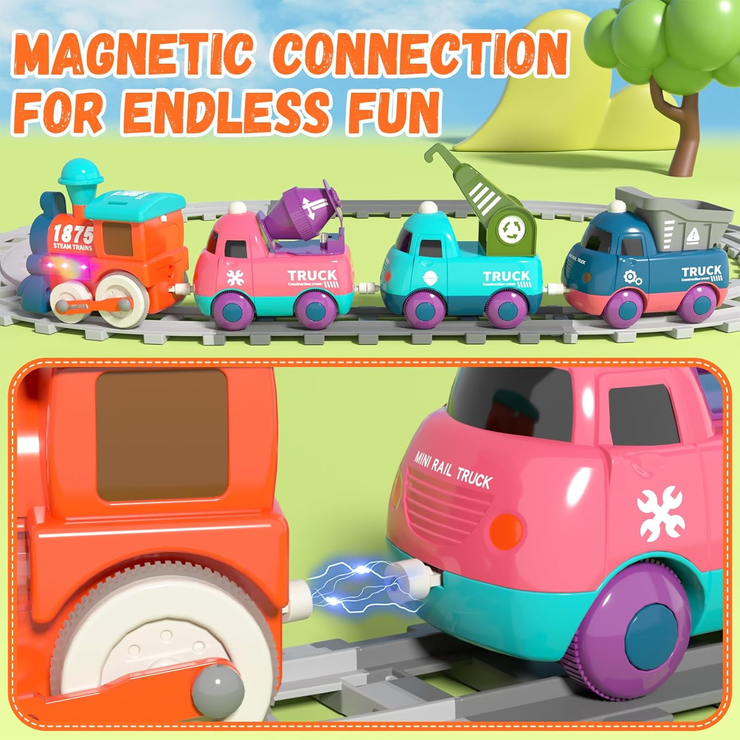 Electric Train Set for Toddlers 2-4, Magnetic Kids Trucks with Tracks, Toy Train with Light & Music, Birthday Gifts for 3-5 Years Old Boys Girls
