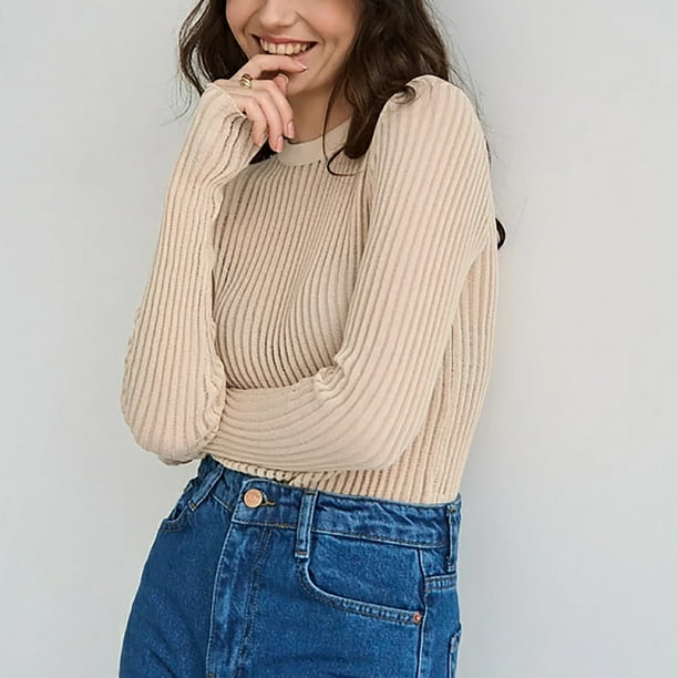 Blusa De Punto De Manga Larga,Mujeres Cuello Redondo Hueco Delgada