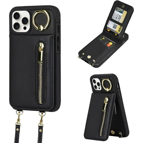 for iPhone 12/12 Pro Wallet Case with Card Holders for Women, Crossbody Zipper Protective Leather Case with Strap Wrist Ring RFID Protective Flip Case (Black)