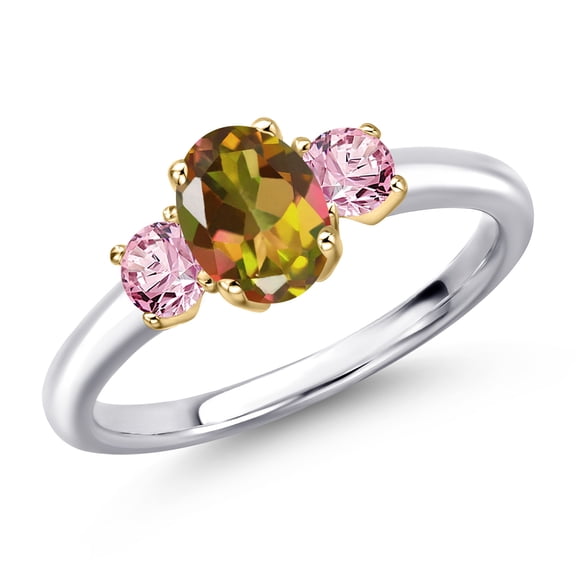 Gem Stone King 10K Two Tone Gold Mango Mystic Topaz and Pink Lab Grown Diamond Engagement Ring for Women | 1.56 Cttw | Oval 7X5MM | Gemstone November Birthstone | Size 8