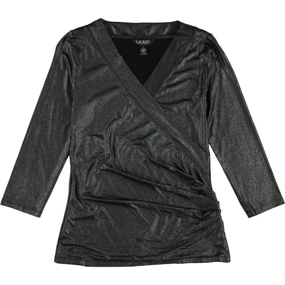 Ralph Lauren Womens Shimmer Wrap Blouse, Black, Medium