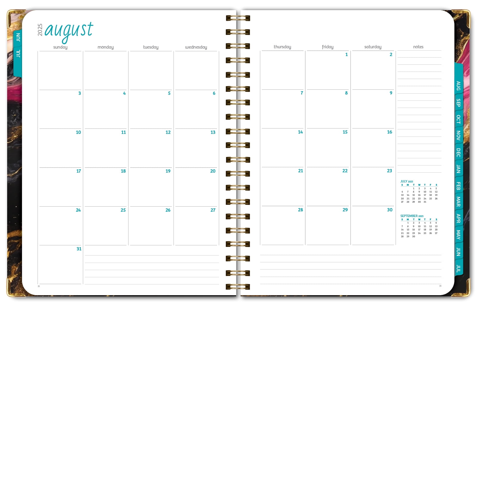 Academic Year 2025-2026 Planner, June 2025 - July 2026, 8.5"x11" Daily Weekly Monthly Planner Yearly Agenda, Hardcover, Bookmark, Pocket Folder and Sticky Note Set (Dark Gold Marble)