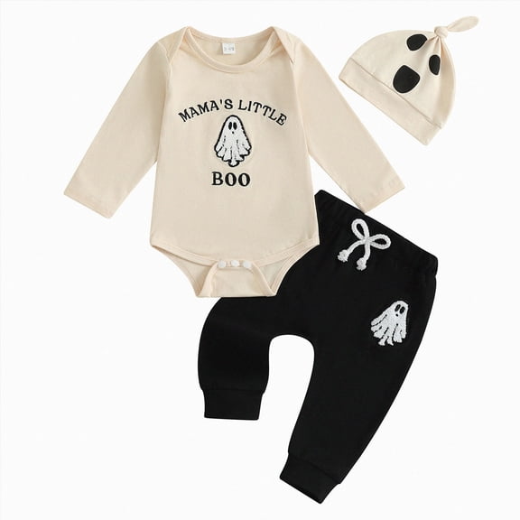 Wonitaaizi Newborn Baby Boy Halloween Outfit Mama's Little Boo Romper Long Pants Hat 3Pcs Clothes Set(6-12 Months,Beige)