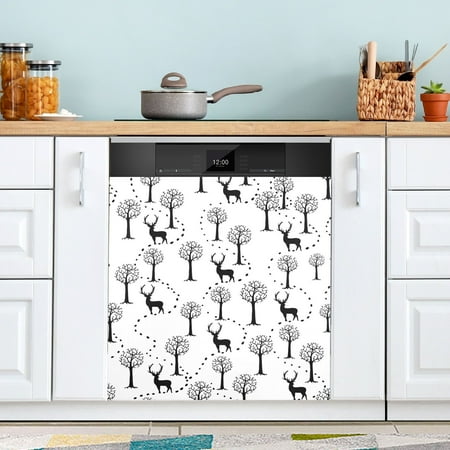 

Black and White Deers Tree Dishwasher Magnet Cover Magnetic Dishwasher Refrigerator Sticker Door Home Decorative Art Kitchen Panel Decal 23x26 Inch