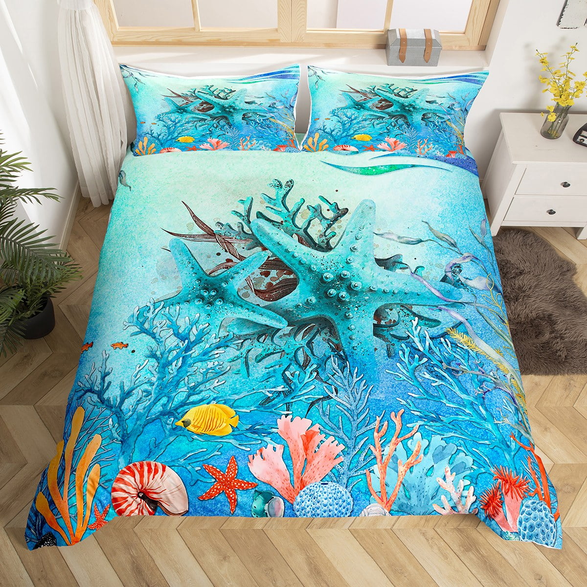 YST Teal Duvet Cover Full Size, Blue Green Starfish Bedding Set for