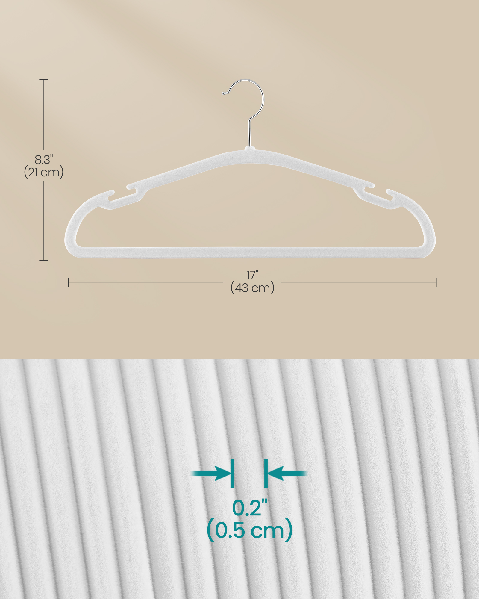 Velvet Hangers 50 Pack, Non-Slip Clothes Hangers, 17 x 8.3 Inches, Coat Hangers with Wide Shoulder Notches, Pants Bar, 360° Swivel Hook, Space-Saving, for Closet, Cloud White